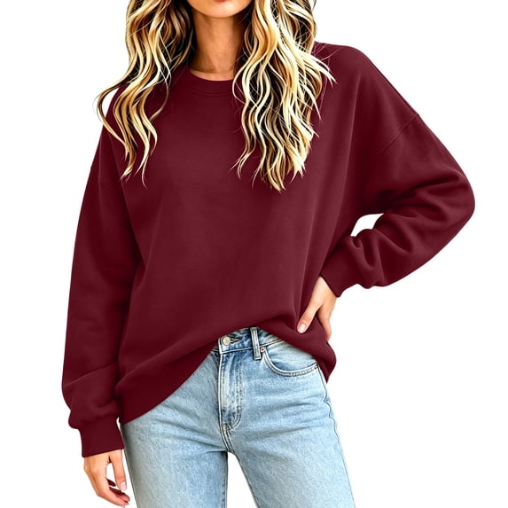 Lumtrix Sweatshirt For Women Crewneck Long Sleeve Loose Fit Pullover Fall Fashion Soild Color Tops 2026 Wine L