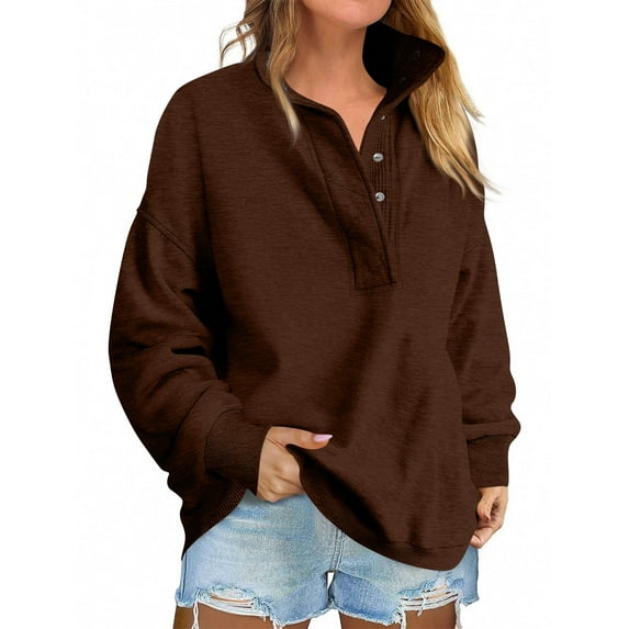 Lumtrix Sweatshirt for Women Oversized Casual Long Sleeve Button Henley Neck Pullover Tops Fall Winter Fashion Outfits Clothes Brown _AG07 L