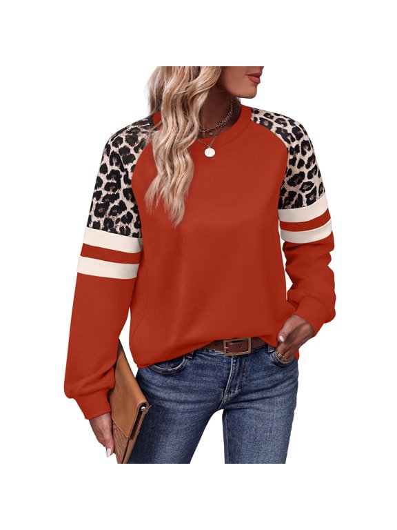Sweatshirts For Women Crewneck Long Sleeve Loose Fit Tops Leopard Patchwork Fashion 2026 Pullovers Orange S