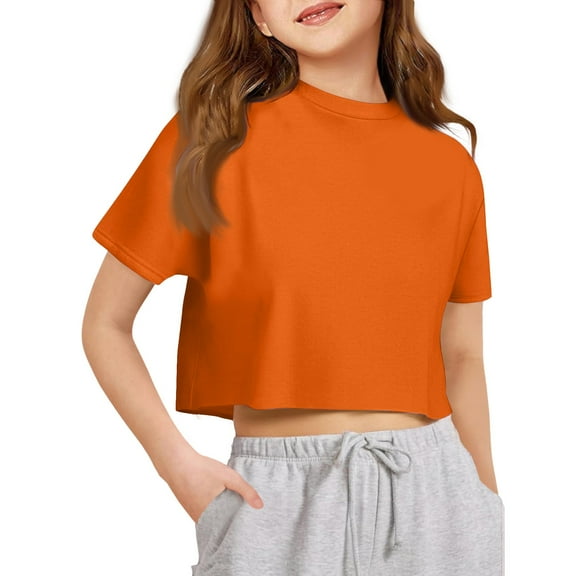 Lumtrix Girls Crop Tops Short Sleeve T-Shirts for Girl Crew Neck Basic Tee Size 2-14 Years Orange 130