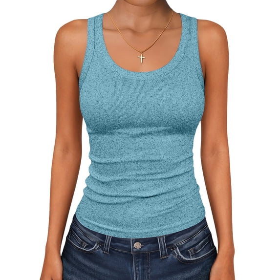 Lumtrix Womens Tank Tops 2026 Scoop Neck Ribbed Knit Sleeveless Top Casual Basic Slim Fitted Knit Cami Summer Tee Shirts Light Blue L