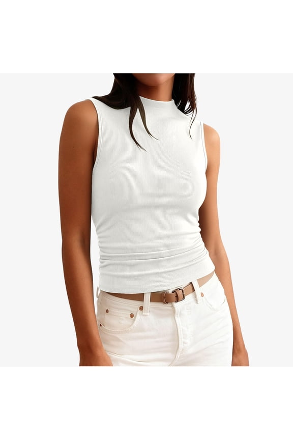 Tank Tops For Women 2026 Summer Going Out Crop Top Sleeveless Mock Neck Ribbed Tight Ruched Tee Shirts Vacation Clothes White M