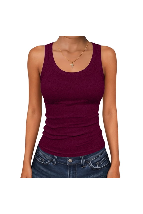 Tank Tops For Women Crew Neck Ribbed Knit Slim Fitted Sleeveless Basic Tee Tanks Casual Summer Cami Shirts 2026 Wine L