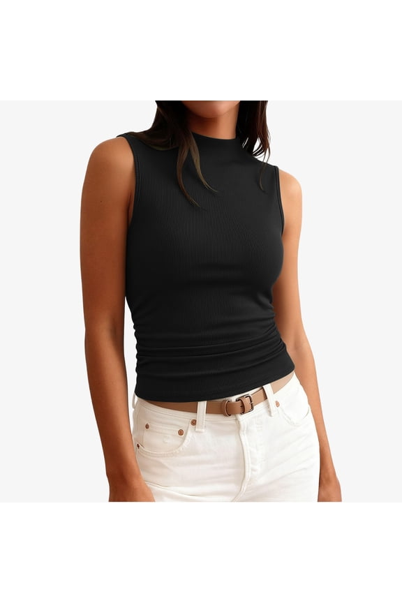 Tank Tops For Women Sleeveless Boat Neck Crop Top Ribbed Knit Tight Ruched Tee 2026 Summer Vacation Going Out Shirts Black M