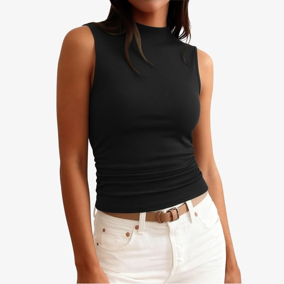 Lumtrix Tank Tops For Women Sleeveless Boat Neck Crop Top Ribbed Knit Tight Ruched Tee 2026 Summer Vacation Going Out Shirts Black XL