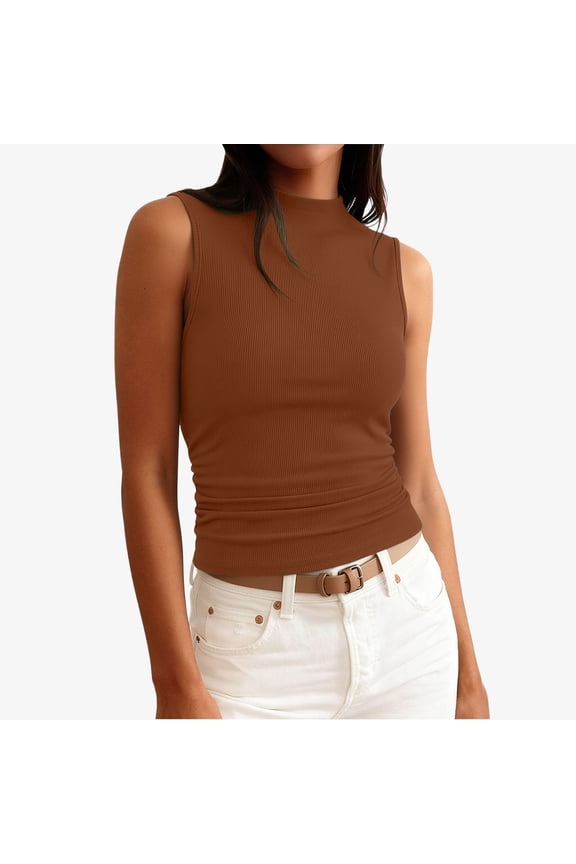 Tank Tops For Women Sleeveless Boat Neck Crop Top Ribbed Knit Tight Ruched Tee 2026 Summer Vacation Going Out Shirts Coffee 2XL