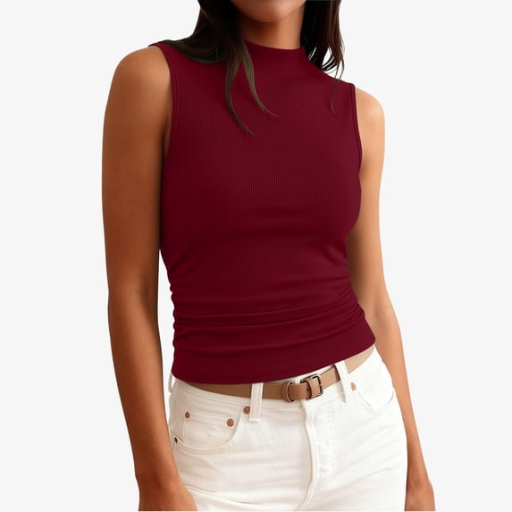 Lumtrix Tank Tops For Women Sleeveless Boat Neck Crop Top Ribbed Knit Tight Ruched Tee 2026 Summer Vacation Going Out Shirts Deep Red 2XL