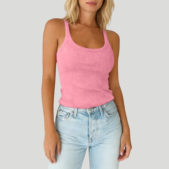 Lumtrix Tank Tops For Women Spaghetti Strap Scoop Neck Ribbed Tops Slim Fitted Cotton Camisole Casual Basic Sleeveless Shirts Pink XL
