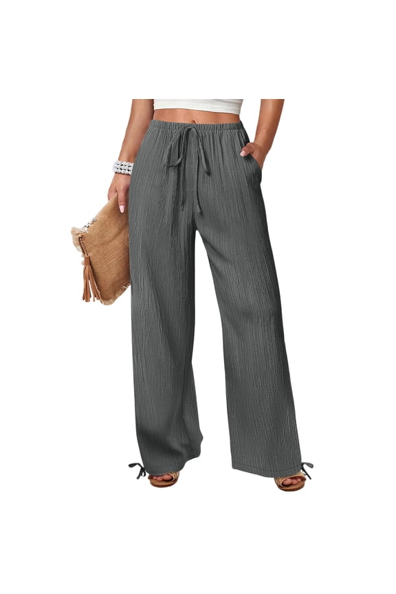 Tie-Cuff Pants Women Summer Lounge High Wiasted Wide Leg Trousers Y2k Baggy Business Casual Travel Slacks with Pockets Dark Gray S
