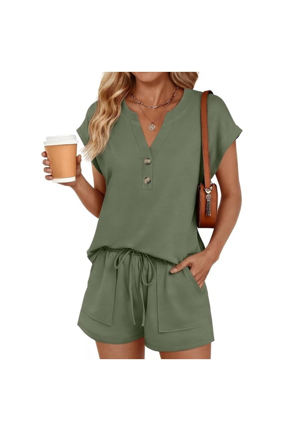 Two Piece For Women Summer Outfits 2026 Buttons Down Tops And Shorts Beach Vacation Clothes Travel Womens Clothing Army Green XL