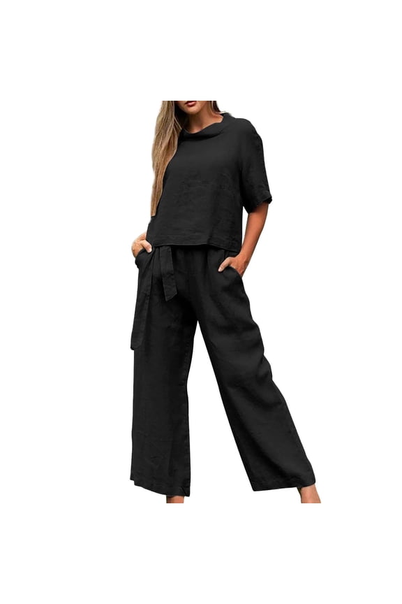 Two Piece Sets For Women Cotten Linen Mock Neck Short Sleeve Shirts Wide Leg Pants Summer Beach Vacation Outfits Black M