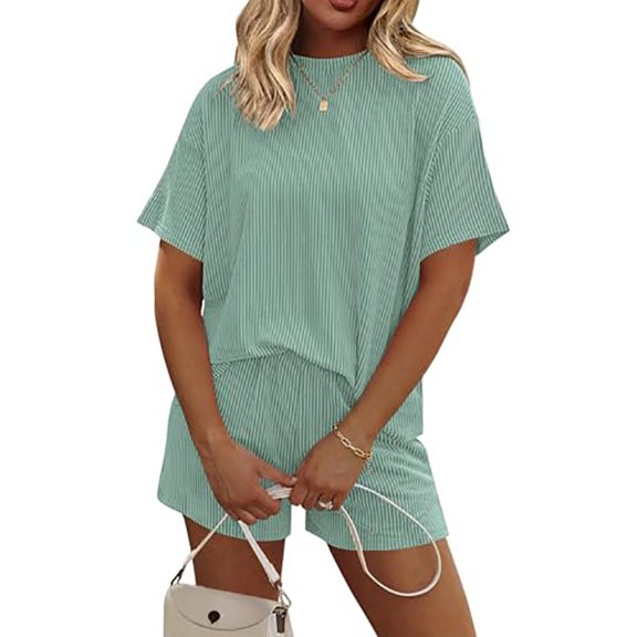 Lumtrix Two Piece Sets For Women Lounge 2026 Summer Cruise Outfits Ribbed Loose Short Sleeve Matching Sets With Pocket Light Green 2XL