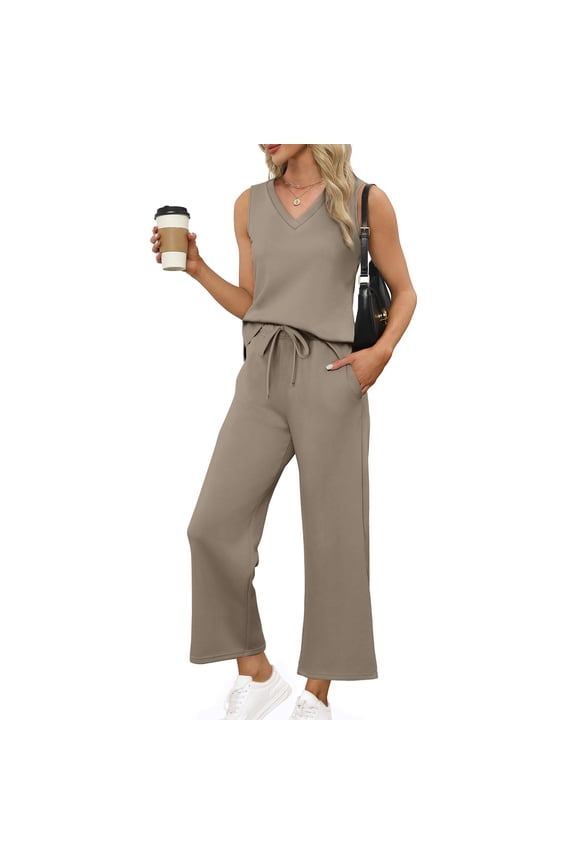 Two Piece Sets For Women Spring Summer Travel Airport Vacation Outfits Lounge V Neck Tops Drawstring Wide Leg Pants 2026 Watermelon Red S