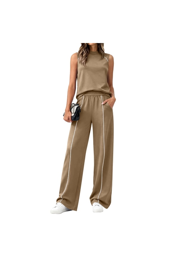 Two Piece Sets For Women Summer Outfits 2026 Lounge Sets Mock Neck Tops Wide Leg Pants Travel Dressy Casual Fashion Clothing Camel S