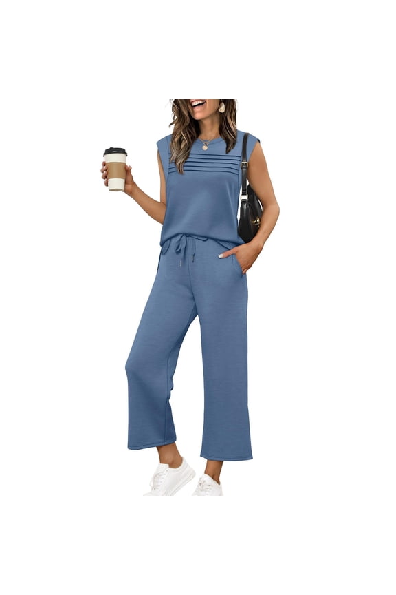 Two Piece Sets For Women Summer Outfits Matching Lounge Sets Wide Leg Crop Pants Side Slit Summer Vacation Travel Blue M