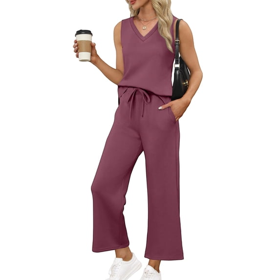 Lumtrix Two Piece Sets For Women Summer Travel Outfits V Neck Sleeveless Tops Wide Leg Pant Set Casual Lounge Clothes Vermilion L
