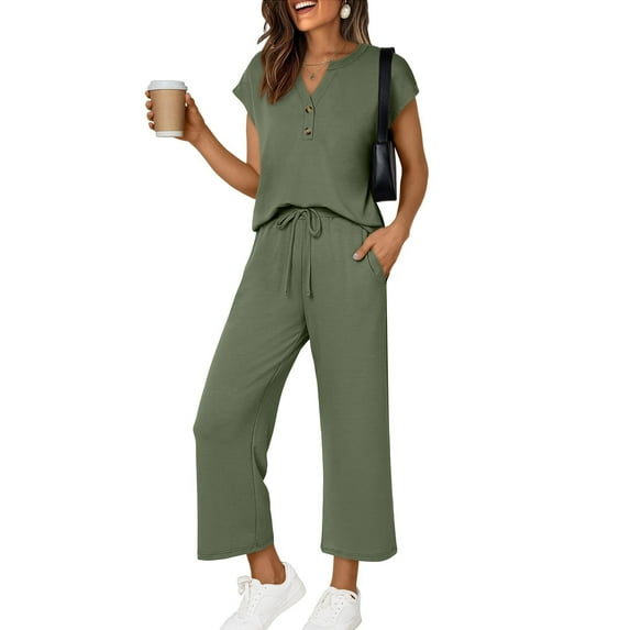 Lumtrix Two Piece Sets for Women Summer Outfits Lounge Sets V Neck Henley Cap Sleeve Tops Wide Leg Pants with Pockets Vacation Travel Tracksuit Army Green M