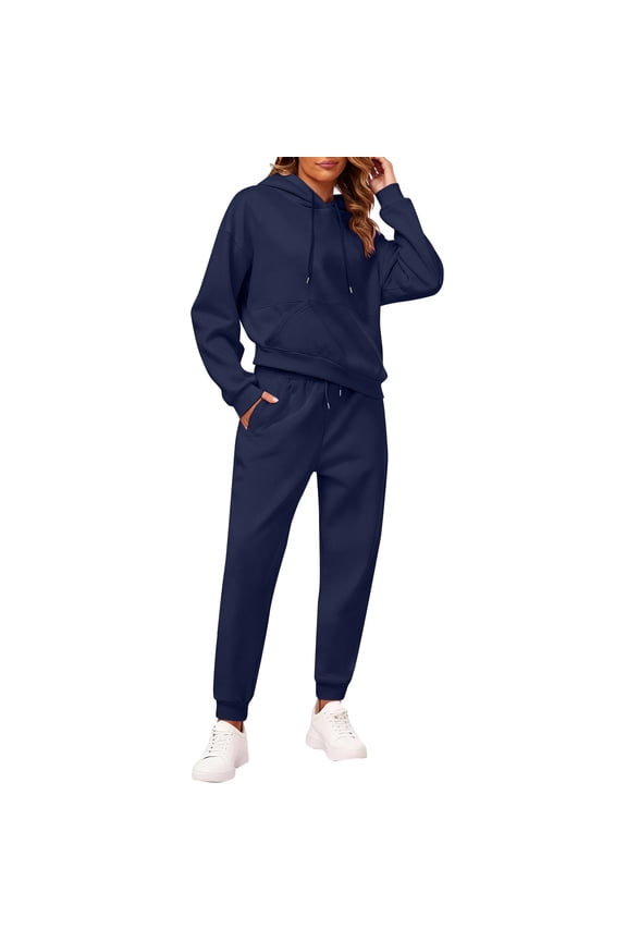 Two Piece Sweatsuits Hoodies For Women Pullover Oversized Hoodie Set Tracksuit Long Sleeve Tops Sweatpants with Pockets Navy S