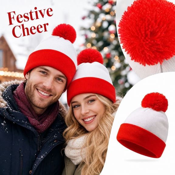 Lumtrix Unisex Christmas Knit Beanie Red White Striped Cuffed Stretchy Warm Couple Matching Winter Hat