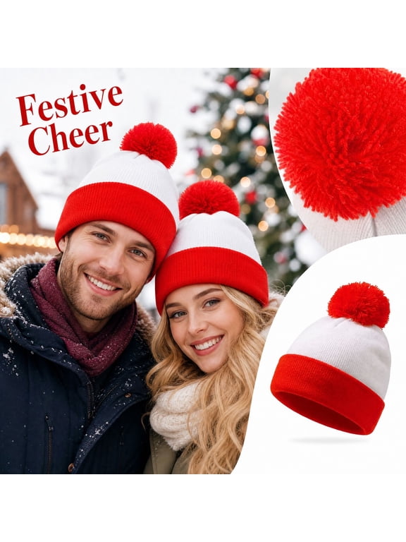 Unisex Christmas Knit Beanie Red White Striped Cuffed Stretchy Warm Couple Matching Winter Hat