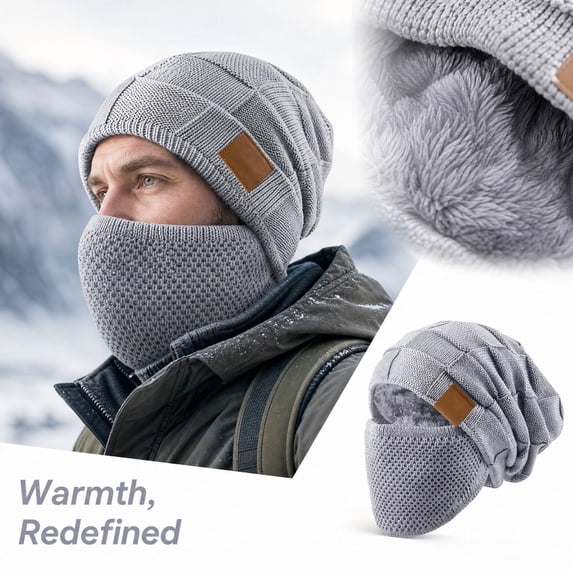 Lumtrix Unisex Knitted Hat & Detachable Mask Cold Outdoor Fleece Lined Skull Cap Fall Winter Soft Warm Beanie Hat Gray One Size