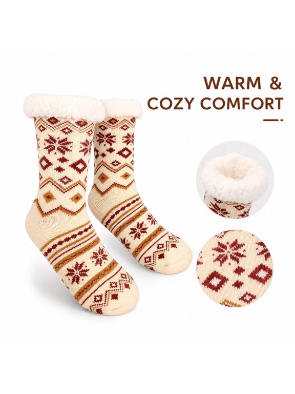 Unisex Slipper Fuzzy Socks Non Slip Winter Warm Thick Grips Sock Retro Pattern Fleece Lined Socks Beige One Size