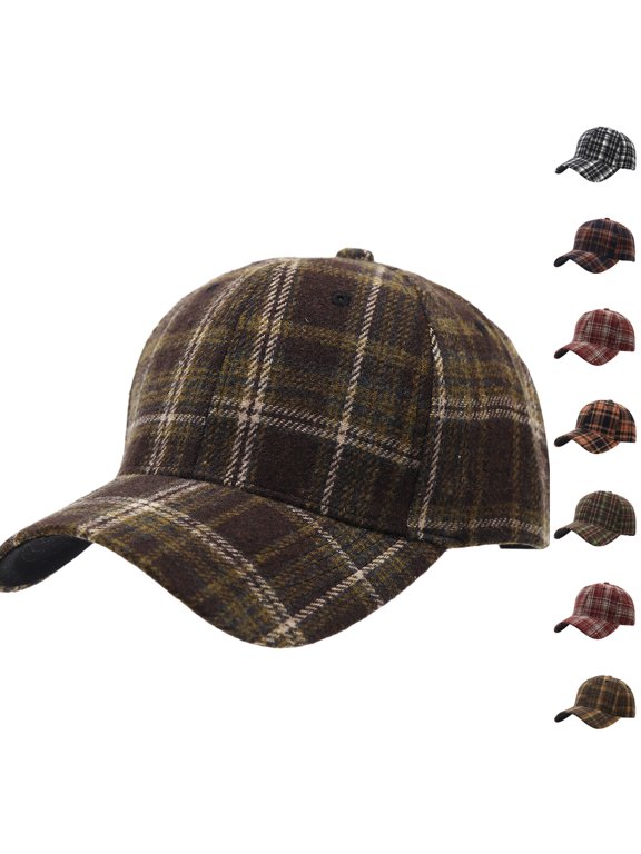 Unisex Vintage Plaid Baseball Hat Adjustable Fall Winter Brim Dad Hat Men Women Plaid Baseball Hat, Casual Curved Brim ,Distressed Truck Hat Coffee One Size