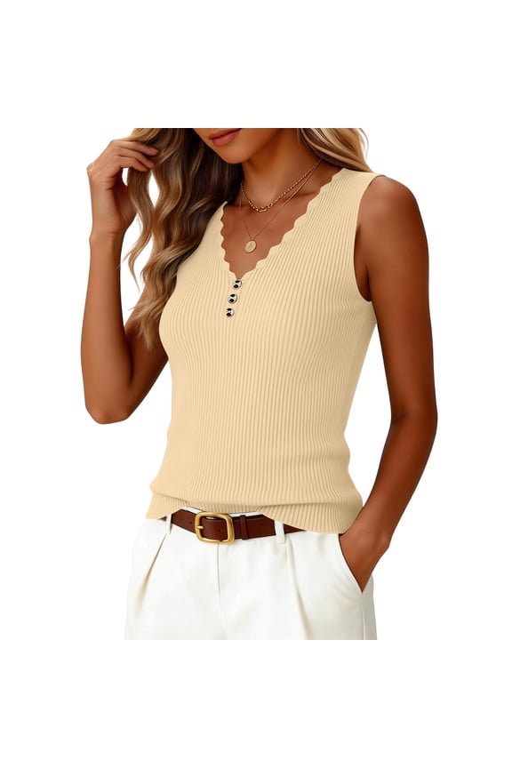V Neck Ribbed Knit Tank Tops for Women Button Up Scalloped Sweater Vest Slim Fitted Basic Camisole Beige S