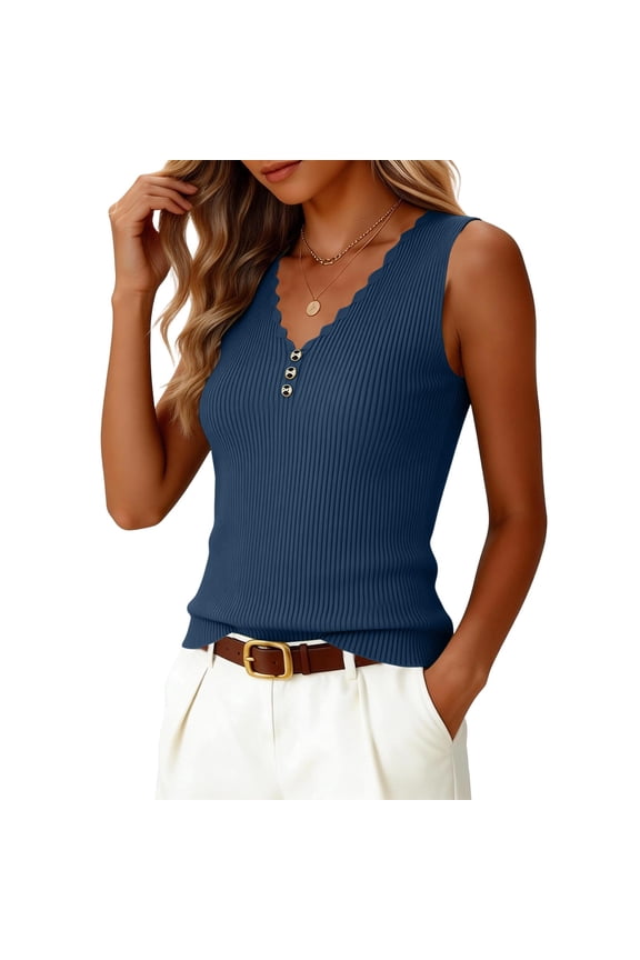 V Neck Ribbed Knit Tank Tops for Women Button Up Scalloped Sweater Vest Slim Fitted Basic Camisole Blue S