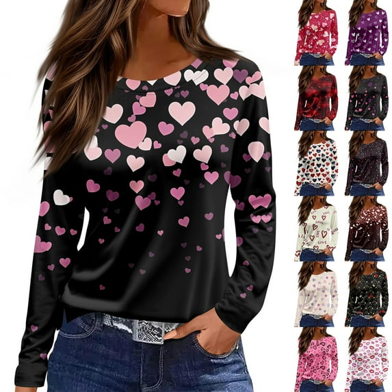 Lumtrix Valentine Shirts for Women 2026 Long Sleeve Crew Neck Holiday Tops Love Heart Print Tunic Loose Fit Blouses Fashion Side Split Tees Deep Red 3XL