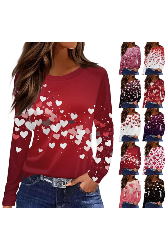 Valentine Shirts for Women Love Heart T Shirt Long Sleeve Valentines Gift Shirt Casual Crew Neck Tee Plus Size Side Split Tops Watermelon Red S