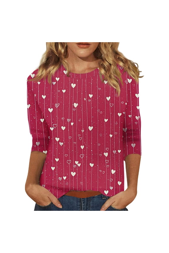 Valentine Shirts for Women 2026 3/4 Sleeve Love Heart Tunic Tops Crewneck Plus Size Casual Cute Spring Valentines Clothes Hot Pink 2XL