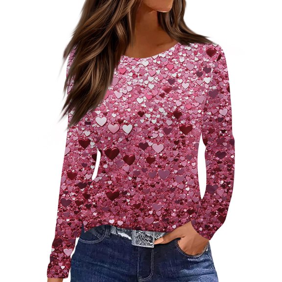 Lumtrix Valentine Shirts for Women Love Heart T Shirt Long Sleeve Valentines Shirt Casual Crew Neck Tee Loose Fitted Side Split Tops Pink M