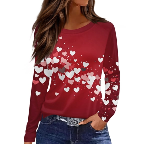 Lumtrix Valentine Shirts for Women Love Heart T Shirt Long Sleeve Valentines Shirt Casual Crew Neck Tee Loose Fitted Side Split Tops Red 2XL