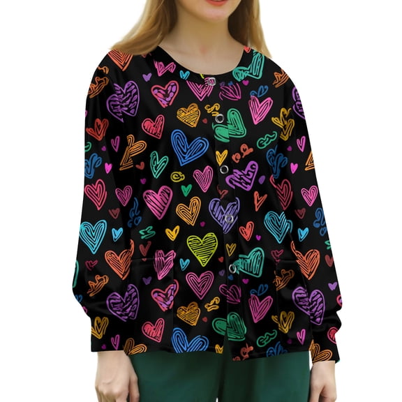 Lumtrix Valentine's Day Tops Women Plus Size Scrub Jackets Long Sleeve Heart Print Coat Button Down Nursing Uniform with Pockets Mint Green 2XL