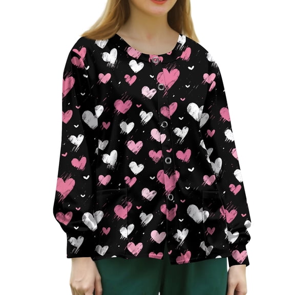 Lumtrix Valentine's Day Tops Women Plus Size Scrub Jackets Long Sleeve Heart Print Coat Button Down Nursing Uniform with Pockets Navy 3XL
