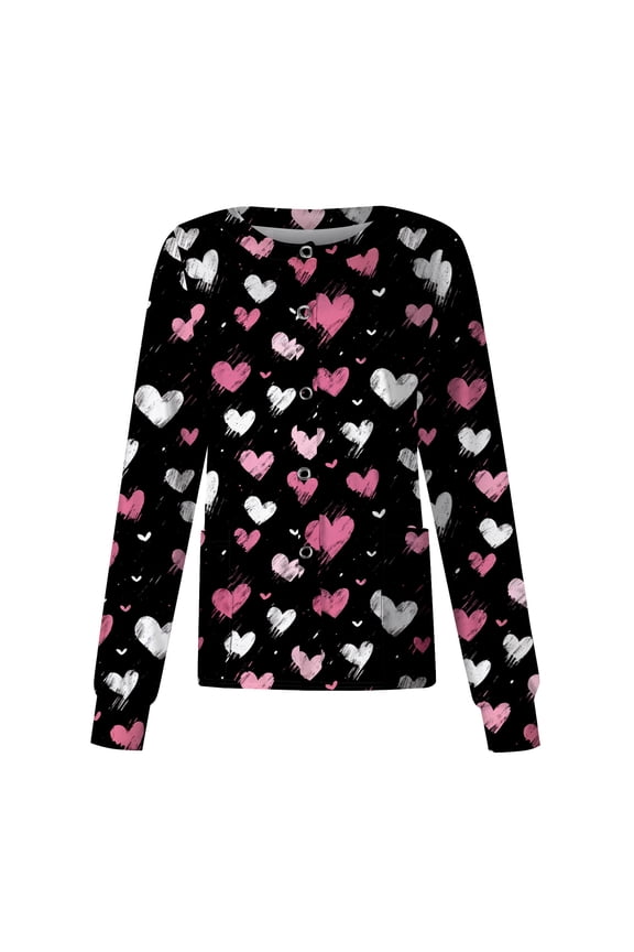 Valentines Day Scrub Jackets for Women Cute Hearts Print Long Sleeve Nursing Uniforms with Pockets Cute Button Down Coat Navy S