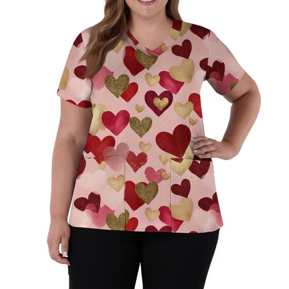 Lumtrix Valentines Printed Scrub Tops Women Short Sleeve V Neck Plus Size shirt for Womens Side Slit Nursing Uniforms with Pockets Light pink M