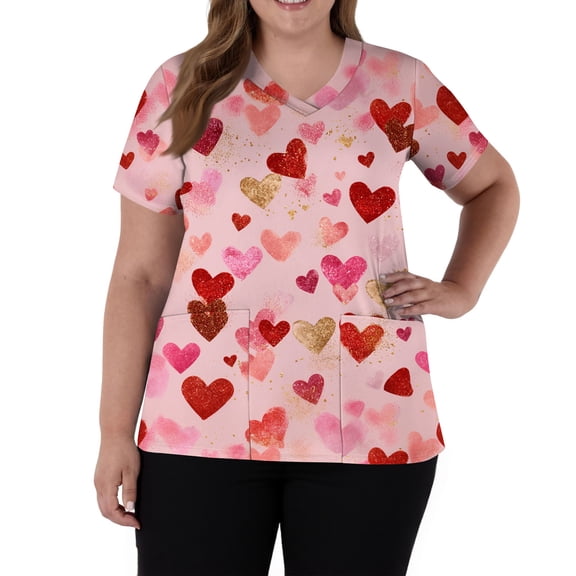 Lumtrix Valentines Scrubs for Women V Neck Cute Heart Printed Tops Soft Side Slit Short Sleeve Nursing Uniform Plus Size Shirts with Pockets Light pink M