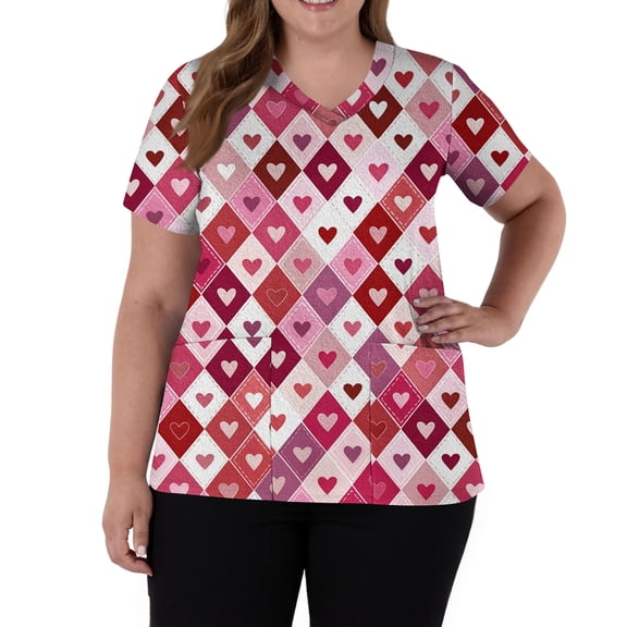 Lumtrix Valentines Scrubs for Women V Neck Cute Heart Printed Tops Soft Side Slit Short Sleeve Nursing Uniform Plus Size Shirts with Pockets Pink S