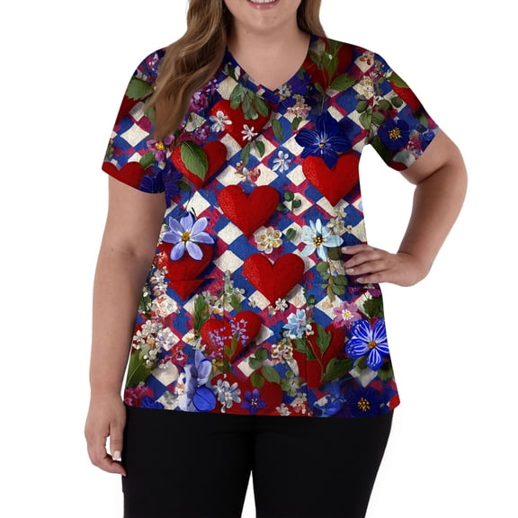 Lumtrix Valentines Scrubs for Women V Neck Cute Heart Printed Tops Soft Side Slit Short Sleeve Nursing Uniform Plus Size Shirts with Pockets Red S