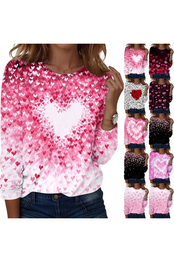 Valentines Shirts Women Love Heart Graphic Shirt Pullover Long Sleeve Tee Dressy Crew Neck Tops Spring Oversize Tunic Red S