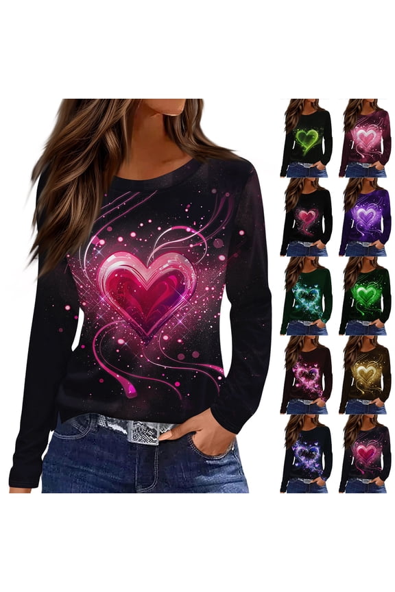 Valentines Shirts for Women Love Heart Print Blouse Casual Long Sleeve Tee Spring Crew Neck Tops Loose Fitted Side Split Tunic Blue L
