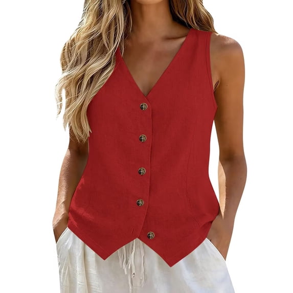 Lumtrix Vest Tops for Women Cotton Linen Summer Tank Top Lightweight Button Down Sleeveless Shirts V Neck Business Casual Tank 2026 for Work Office Vacation Red 2XL