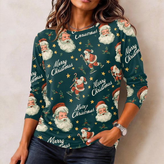 Lumtrix Vintage Christmas Shirts For Women Long Sleeve Dressy Casual Graphic Roundneck Spring Fall Fashion Tops 2026 Green M