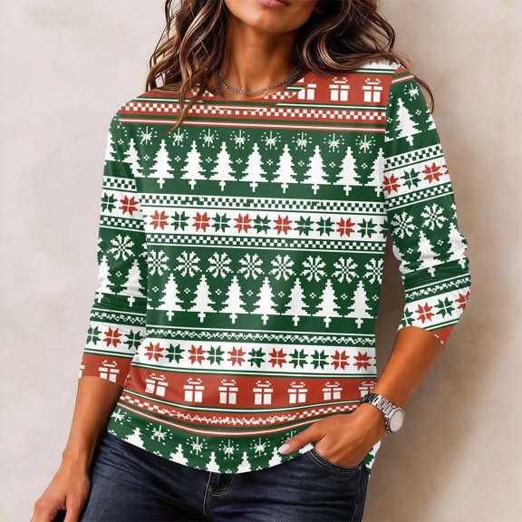 Lumtrix Vintage Christmas Shirts For Women Long Sleeve Dressy Nordic Pattern Roundneck Spring Fall Fashion Tops 2026 Green 3XL