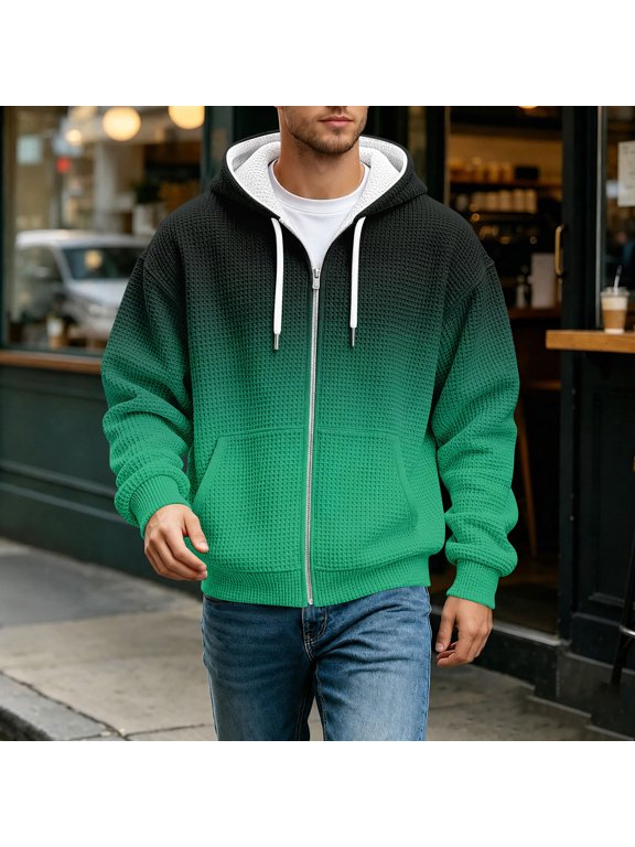 Waffle Knit Hoodies For Men Full Zip Hooded Cardigan With Pocket Lightweight Loose Fit Gradient Coats Athletic Jackets Green L