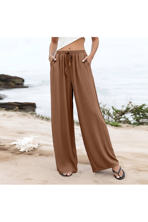 Wide Leg Pants Woman Linen High Waisted Flowy Dressy Casual Baggy Drawstring Palazzo Trousers Pants Resort Wear Khaki M