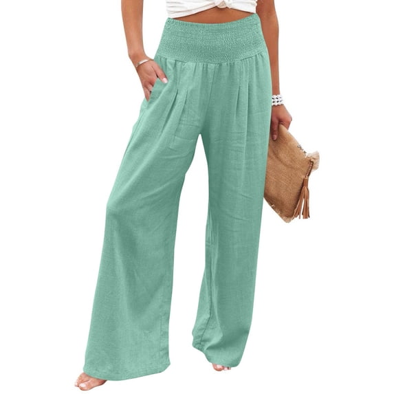 Lumtrix Wide Leg Pants Women High Smocked Waist Cotton Linen Pant Flowy Lightweight Palazzo Pant Lounge Beach Vacation Clothes Mint Green S