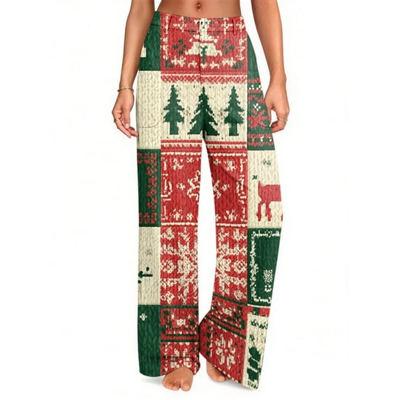 Lumtrix Wide Leg Pants for Women Xmas Christmas Graphic Elastic Waist Straight Leg Pants Christmas Eve Party Trouser with Pockets Green M